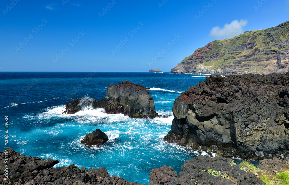 The volcanic origin of the coast of the island of Sao Miguel. Ponta da Ferraria. Azores, Portugal. 
