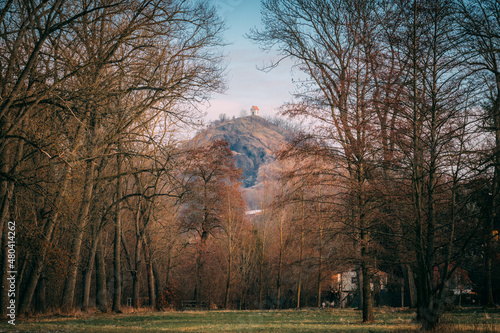 trees at autumn in the city park with village chapel on mountain in background photo