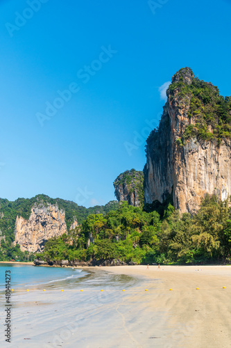 beautiful reflection of natural mountain on send beach Railay Beach, in Krabi, Ao Nang, Thailand. -summer day