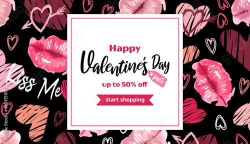 Horizontal banner for Valentines Day. Lips in a watercolor style, hearts lettering kiss. Daring bright modern pattern, graffiti. On black background. For advertising banner, website, sale flyer.