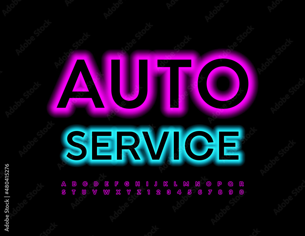 Vector bright emblem Auto Service. Purple Neon Font. Illuminated Led Alphabet Letters and Numbers set