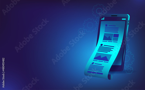 Mobile phone with news feed. Vector illustration on the topic of promotion in social networks and creation of interesting content. Template for a horizontal banner or poster. photo