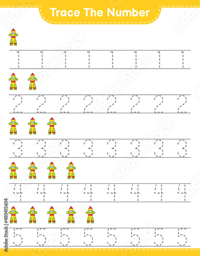 Trace the number. Tracing number with Rocket. Educational children game, printable worksheet, vector illustration