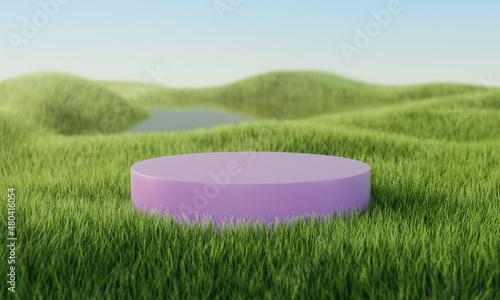 Green grass field with pink cylindrical podium. Summer landscape scene mockup. 3d illustration