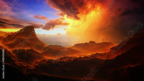 Unreal beautiful sunset over the mountains with a very beautiful sky. 3d illustration
