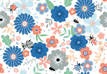 Stickers Bloemenmotief patronen Kevers en insecten in bloemenveld  © DezziDesign