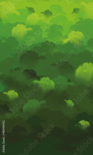 Emerald greenery forest foliage vector background. Green garden trees blurred. Summer leaves unfocused card texture with gold glitter. Nature weekend. Rustic style. Elegant outdoor party template