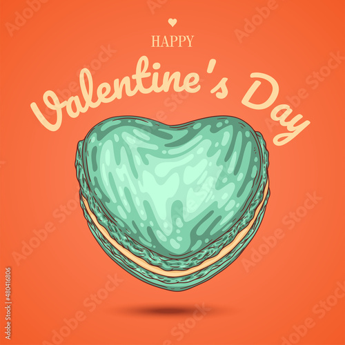 Delicious heart-shape macaroon. Love symbol. Vector illustration. Floating mint macaroon supplemented with text HAPPY VALENTINE'S DAY. Greeting card, poster, banner, ad, social media post, flyer.
