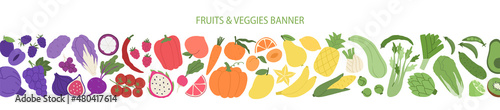 Fruit and veggies rainbow banner. Plant-based food pattern