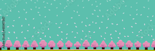 一面の桜の木とエメラルドグリーンの空と花びら 5