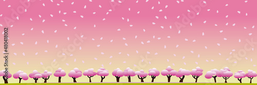 一面の桜の木とピンク色の夕焼けと花びらと雲 2