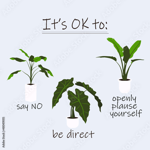 A great reminder that saying no is okay, being direct is okay, openly plause yourself is okay. Three plants for each "okay". Plants as a symbol of life and constant growth. Vector illustration.
