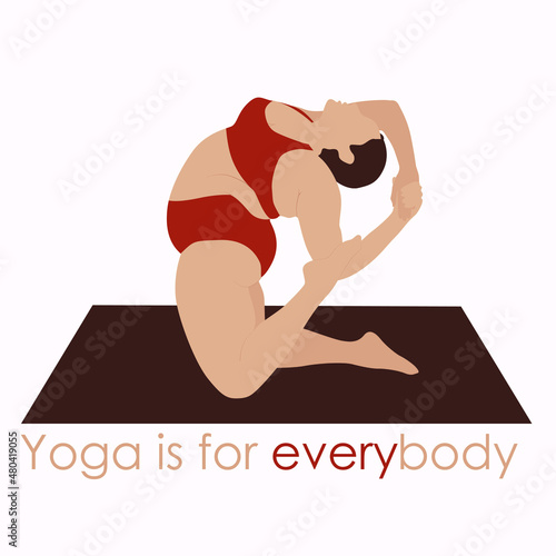 Yoga for anyone. Overweight woman with short hair in red is doing yoga. She demonstrates her flexibility and shows us that anything is possible. Vector illustration.