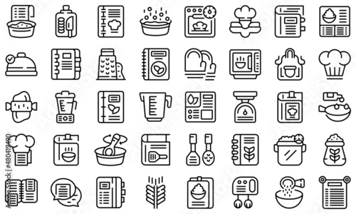 Recipe book icons set outline vector. Cookbook library
