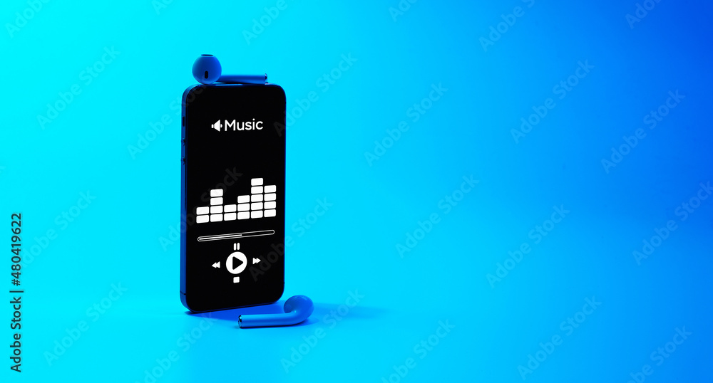Music audio equipment. Audio beats, sound headphones, music application on mobile smartphone screen. Recording sound voice on blue gradient background. Live online radio player mockup banner. Music audio equipment. Audio beats, sound headphones, music application on mobile smartphone screen. Recording sound voice on blue gradient background. Live online radio player mockup banner.