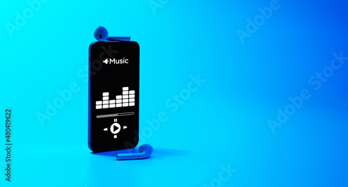Music audio equipment. Audio beats, sound headphones, music application on mobile smartphone screen. Recording sound voice on blue gradient background. Live online radio player mockup banner.