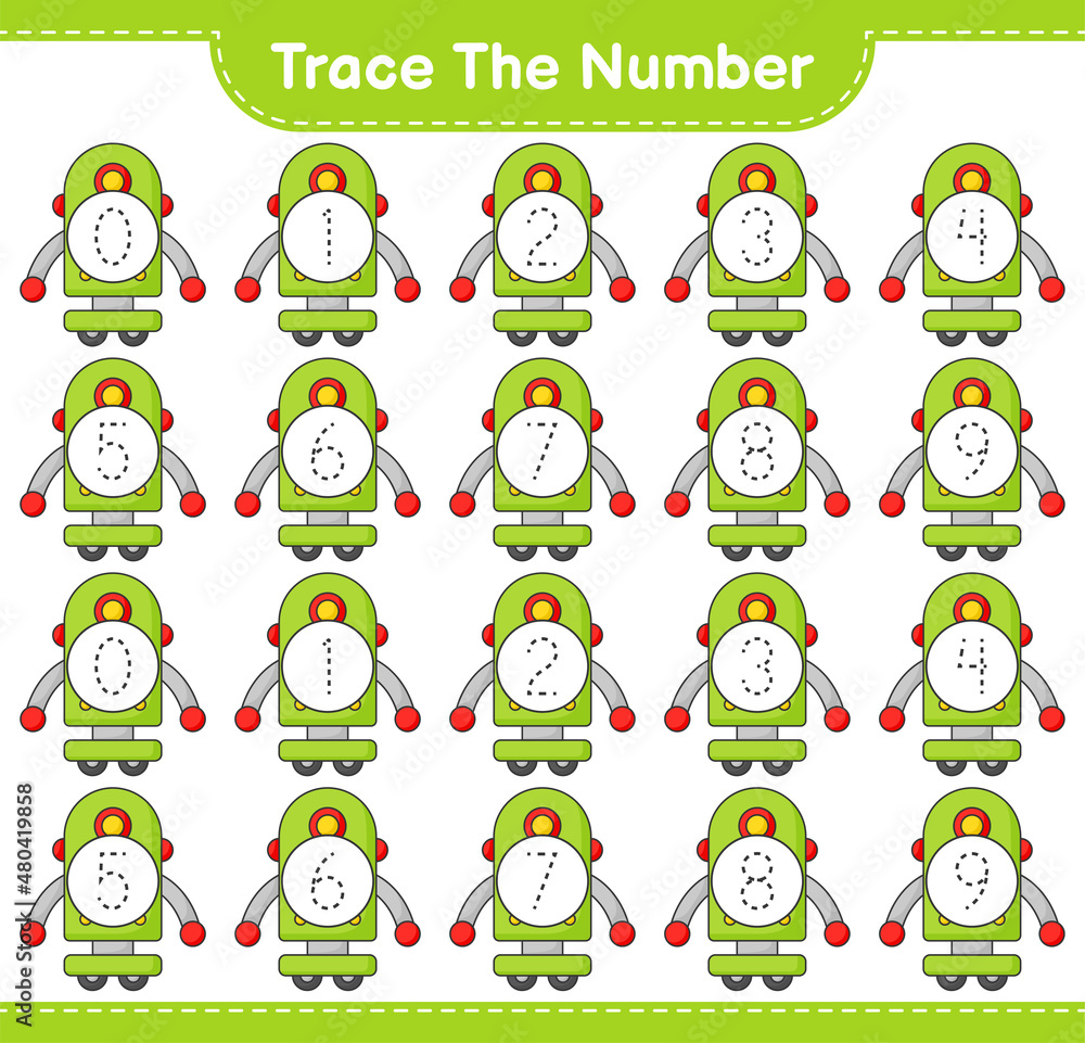 Trace the number. Tracing number with Robot Character. Educational children game, printable worksheet, vector illustration