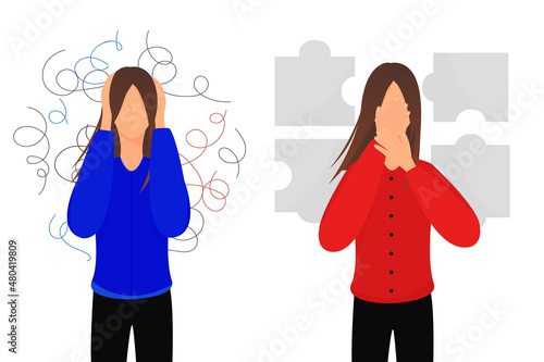 concept of mental health.Women with emotional burnout and bad thoughts develop depression. Vector set of illustrations in a flat style