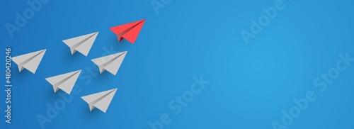 Individual red leader paper plane lead other on blank copy space background. Business and leadership concept. Vector