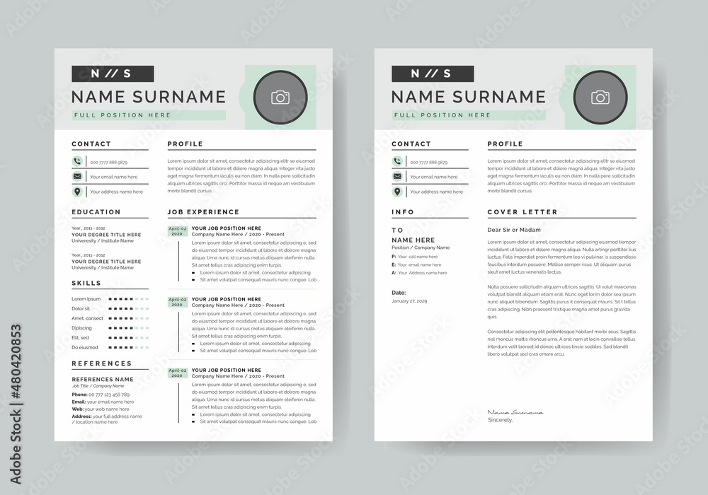 Resume Layout Set with White & Green Header Elements CV Template