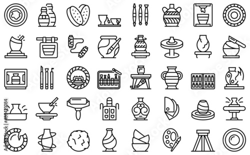 Pottery class icons set outline vector. Artist craft