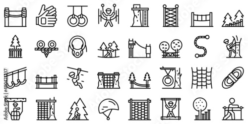 Rope park icons set outline vector. Walk adult
