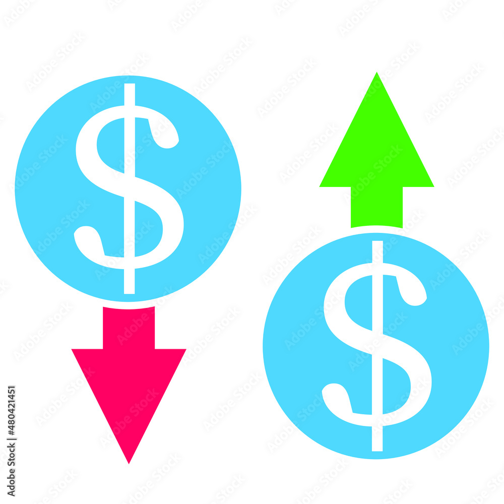 Сost reduction and growth business icons. Arrow dollar icon. Up and down arrow symbol, sign. Vector illustration.
Сost reduction and growth business icons. Arrow dollar icon. Up and down arrow symbol, sign. Vector illustration.