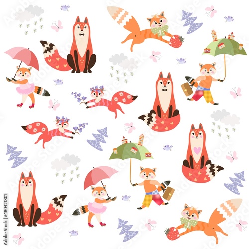 Endless fabric print for kids. Cute cartoon foxes and foxes, birds, butterfli...