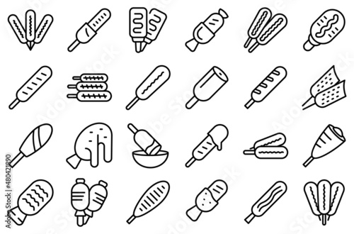 Corn dog icons set outline vector. American carnival