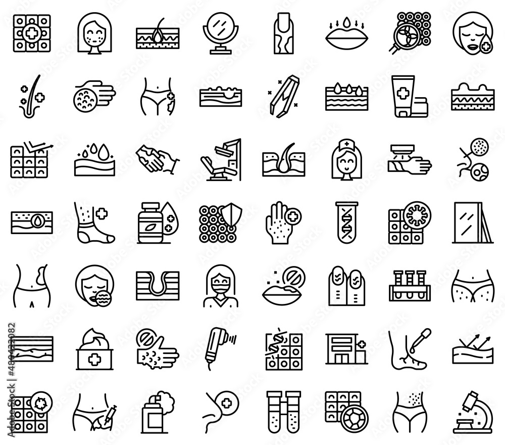 Dermatologist icons set outline vector. Dry psoriasis Dermatologist icons set outline vector. Dry psoriasis
