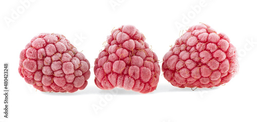 frozen raspberry berries isolated on white background