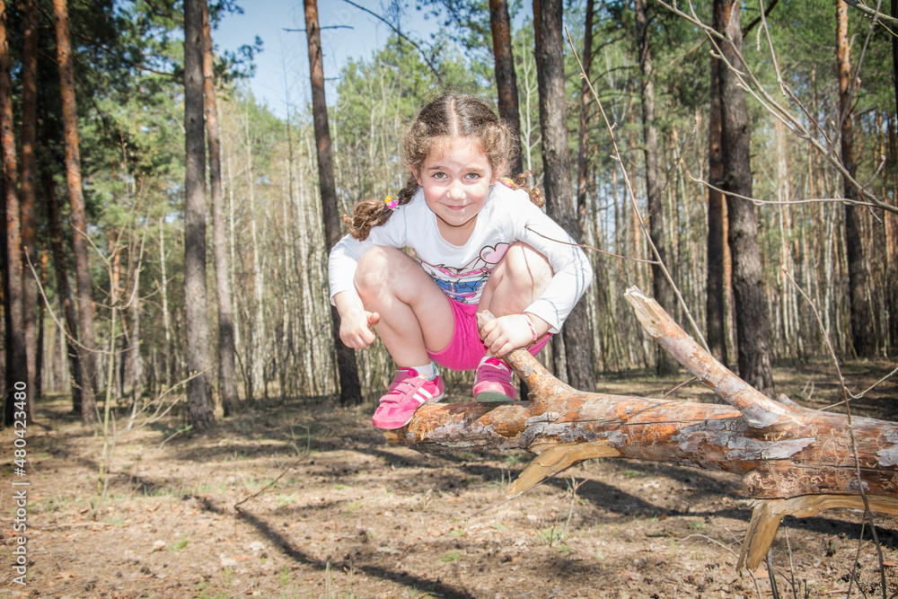 In summer, a girl sits on a pine tree in the forest. In summer, a girl sits on a pine tree in the forest.