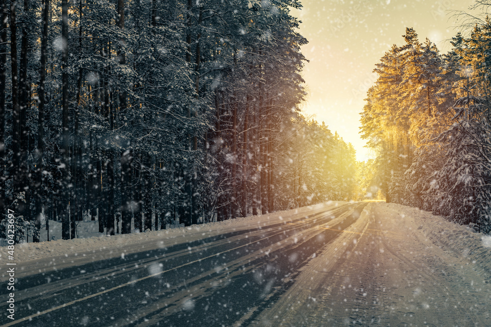 beautiful winter background with a snow-covered forest road beautiful winter background with a snow-covered forest road