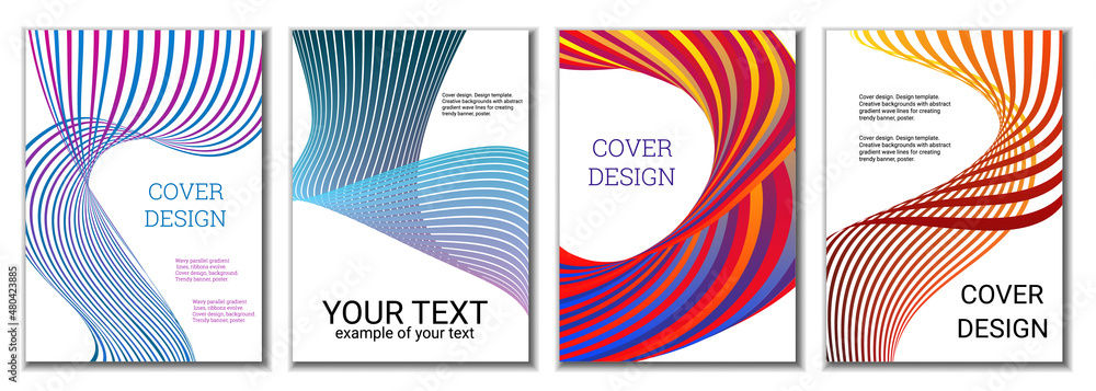 A set of 4 abstract covers. Wavy parallel gradient lines, ribbons evolve. Cover design, background. Trendy banner, poster. A set of 4 abstract covers. Wavy parallel gradient lines, ribbons evolve. Cover design, background. Trendy banner, poster.