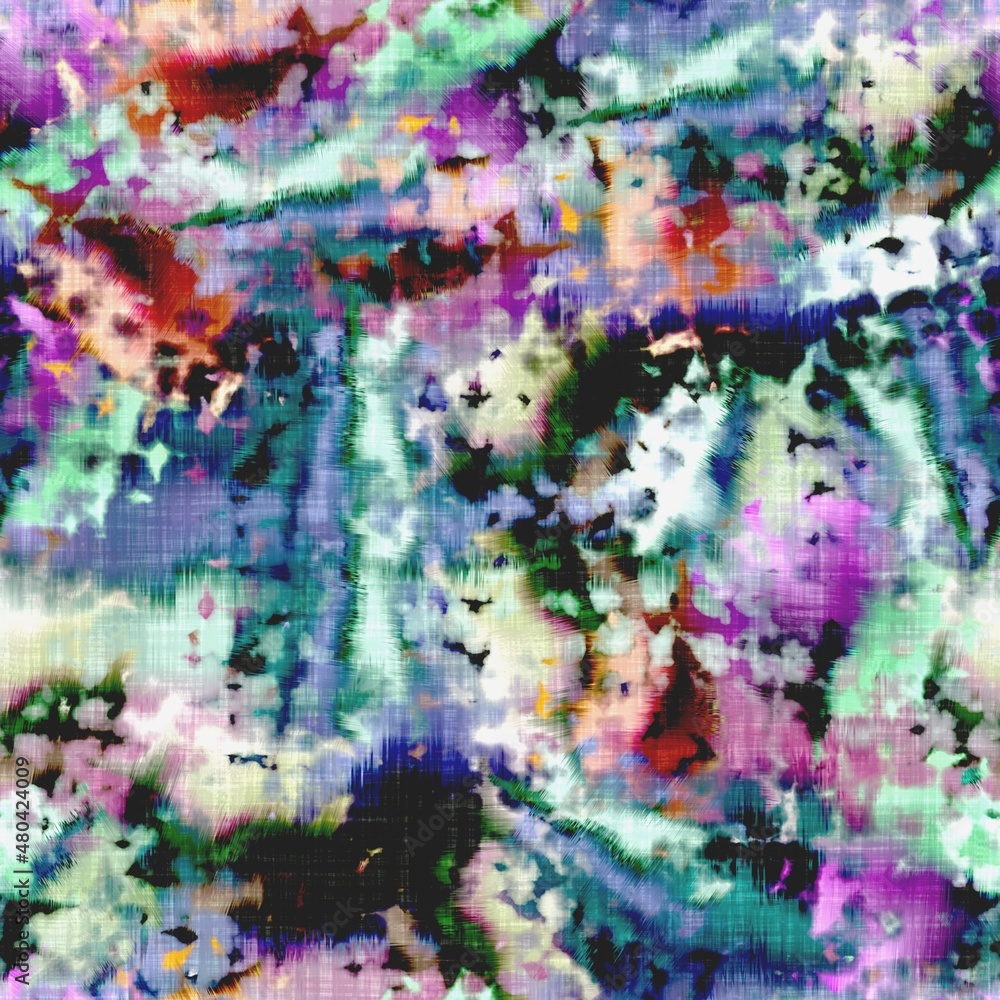 Messy summer tie dye batik beach wear pattern. Seamless colorful stain space dyed effect fashion. Washed out soft furnishing background. 