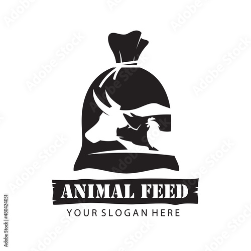 farm animals feed in sack with cow, chicken and pig isolated on white background