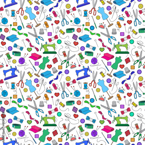 Seamless pattern on the theme of needlework and sewing , simple color icons on light background