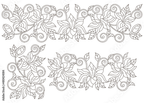 A set of contour illustrations in the style of stained glass with compositions of lilies, flowers isolated on a white background