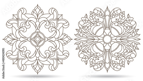 A set of contour illustrations in the style of stained glass with round floral motifs, compositions isolated on a white background