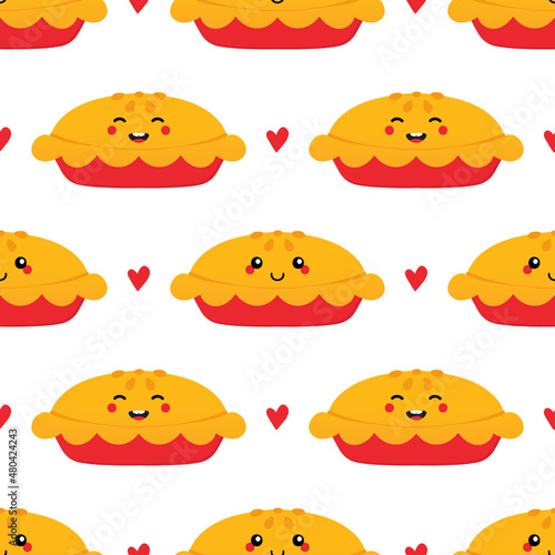 Vector seamless pattern background with colorful pies, sweet apple pies characters and hearts for food design.