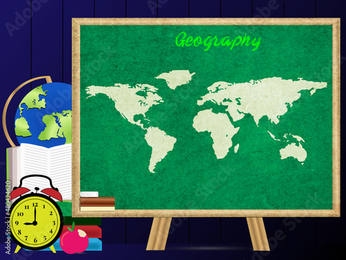 World map on blackboard.Geography study with map.Classroom background with clock.book,globe