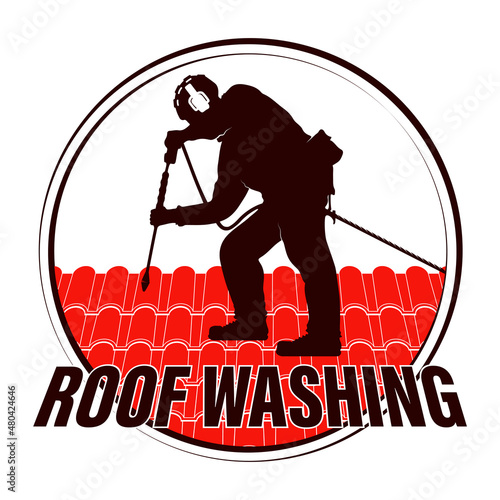 Tiled roof cleaner. Industrial washer on the roof. Worker with washing equipment symbol