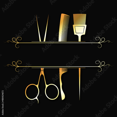 Golden scissors comb and brush. Creative symbol for beauty salon and stylist