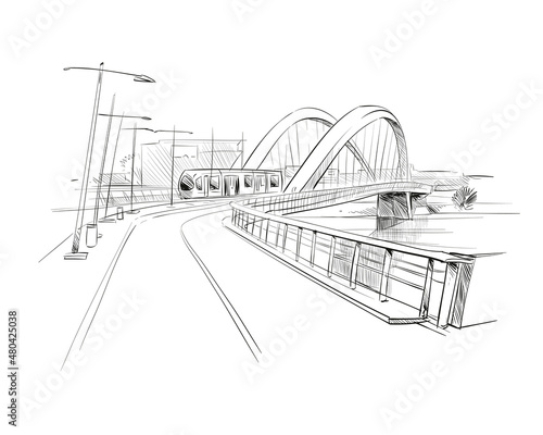 France. Lyon. Bridge Pont Raymond Barre. Hand drawn sketch. Vector illustration.