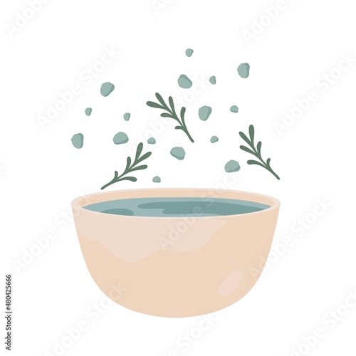 A bath with salt and aromatic herbs for home spa and cosmetic procedures. A cozy and relaxing beauty bath. Vector isolated colorful element.