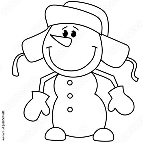 Coloring page Snowman Vasya in a winter hat on a white background.