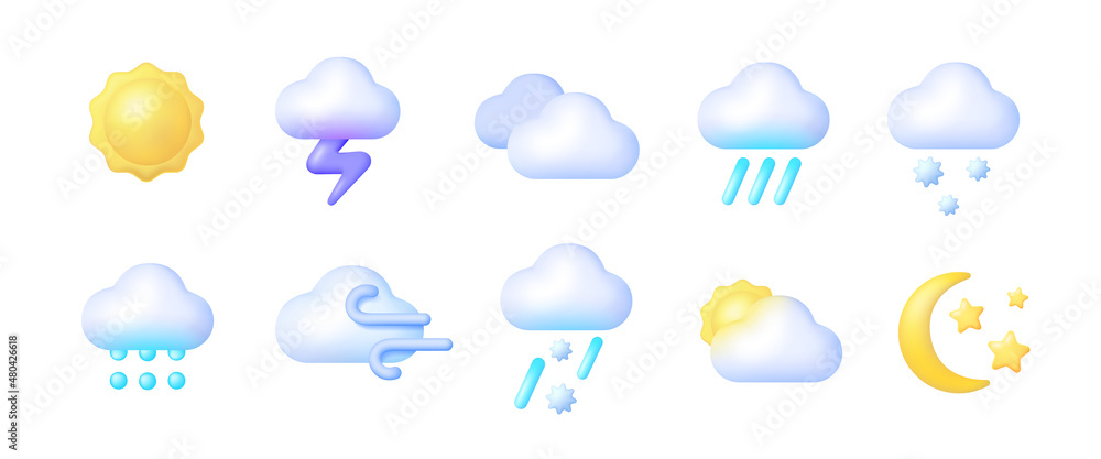 3d weather 3d for web background design. Icon set cloud weather. 3d vector realistic objects. Vector illustration design element set. Isolated objects - obrazy, fototapety, plakaty 