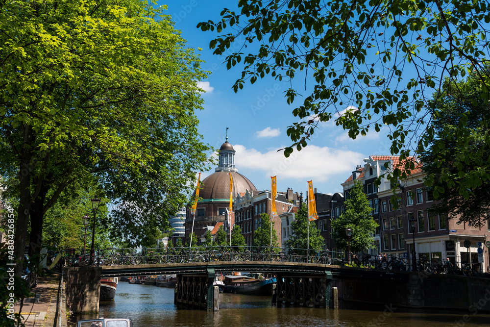 View over the Singel canal in the historic center of Amsterdam during summer