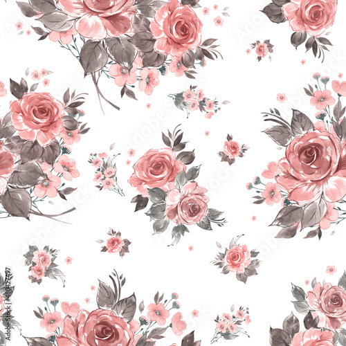 Abstract floral seamless pattern painted by paints vintage roses and wildflowers