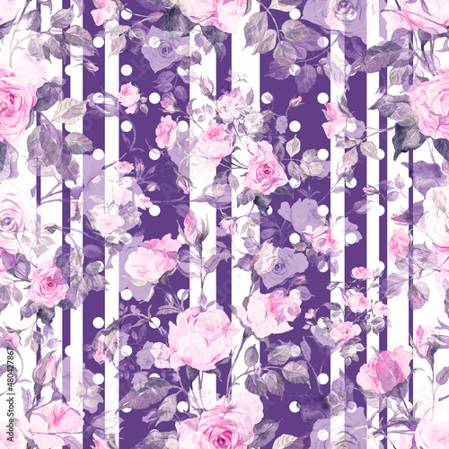 Abstract seamless pattern delicate roses drawn on paper paints 